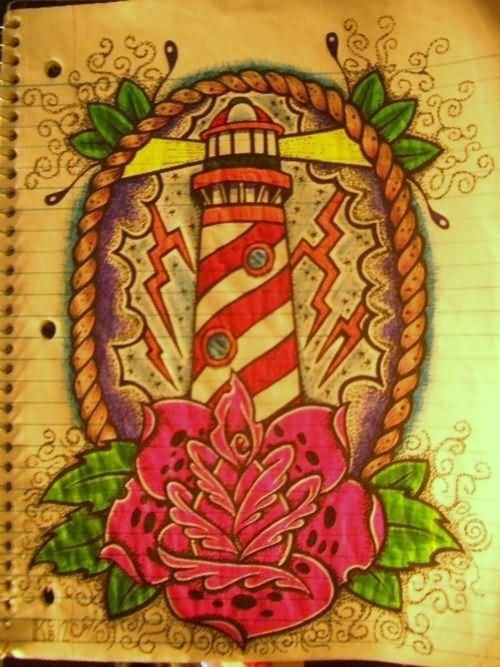 Rose Flower And Lighthouse Tattoo