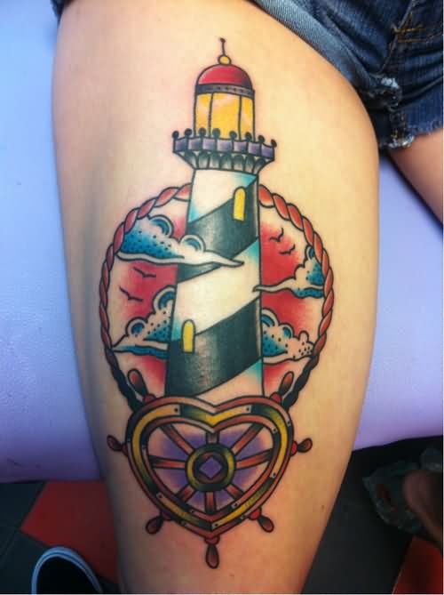 Right Thigh Lighthouse Tattoo