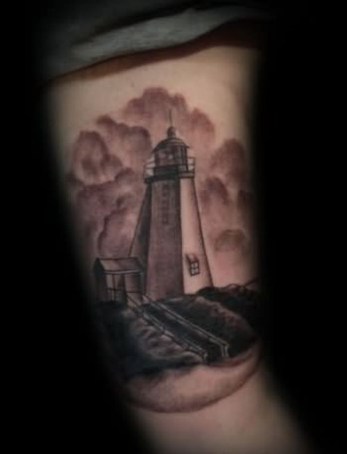 Real Looking Lighthouse Tattoo On Arm Sleeve