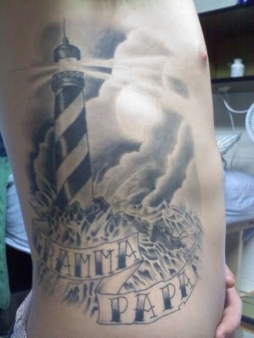 Grey Ink Lighthouse Tattoo On Man Rib Side