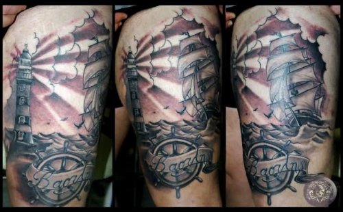 Realistic Lighthouse Tattoo On Half Sleeve
