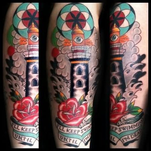 Red Rose And Lighthouse Tattoos On Full Sleeve