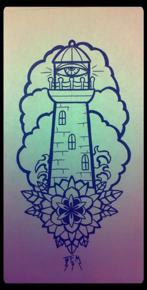 Flower And Lighthouse Tattoos Design