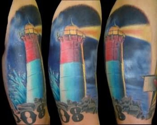 Color Ink Lighthouse Tattoo On Half Sleeve