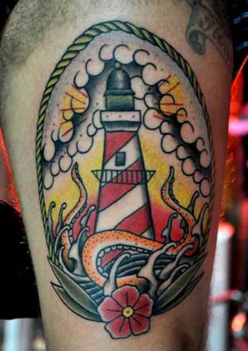 Rose Flower and Lighthouse Tattoo On Bicep