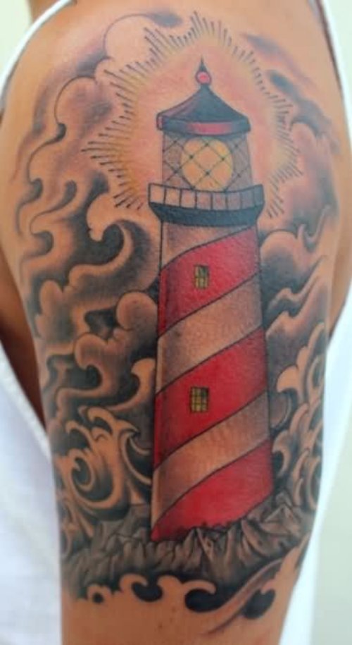 Beautiful Man Left Half Sleeve Lighthouse Tattoo