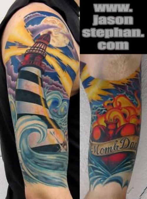 Amazing Colored Lighthouse Tattoos On Both Sleeves