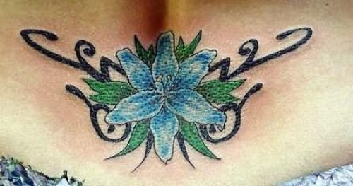 Black Tribal And Blue Lily Flower Tattoo