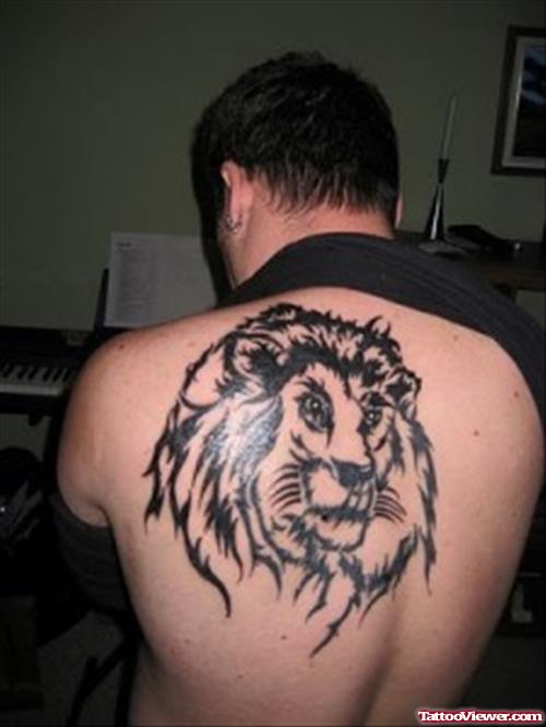 Black Tribal Lion Tattoo On Back Shoulder