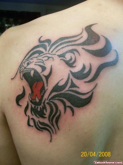 Tribal Roaring Lion Tattoo On Back Shoulder