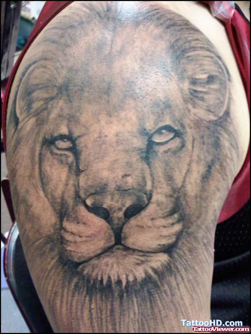 Right Shoulder Grey Ink Lion Head Tattoo