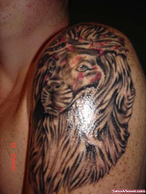 Left Shoulder Lion With Crown Tattoo