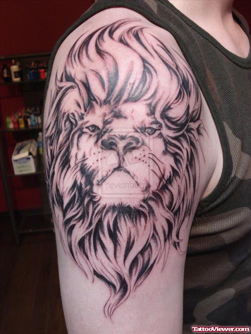 Grey Ink Right Shoulder Lion Head Tattoo