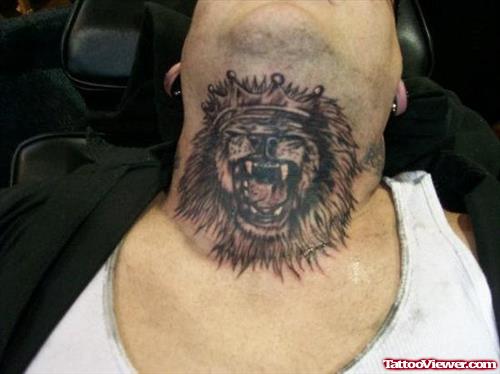 Grey Ink Lion Tattoo On Neck