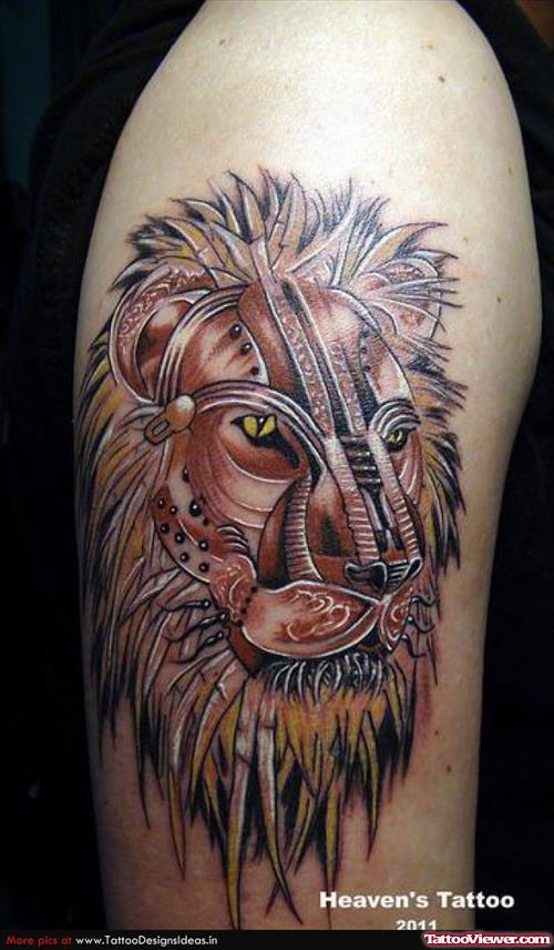 Grey Ink Lion Tattoo On Half Sleeve