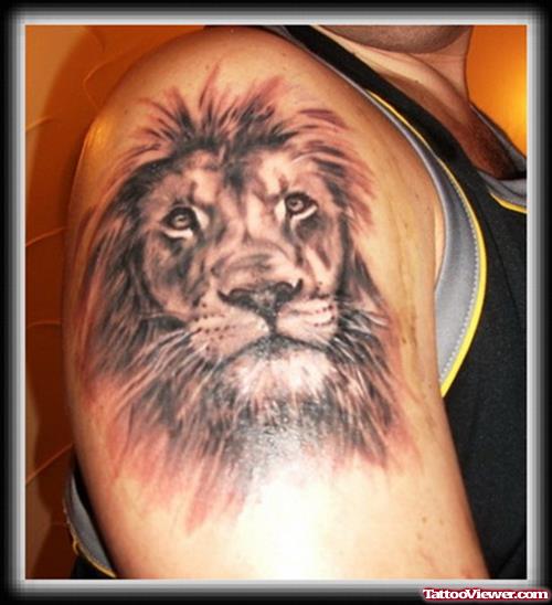 Grey Ink Lion Head Tattoo On Right Shoulder