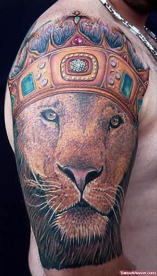 Crown Lion Head Tattoo On Right Half Sleeve