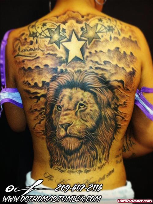 Stars And Lion Tattoo On Back
