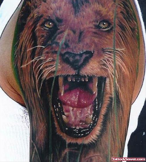 Roaring Lion Head Tattoo On Left Shoulder