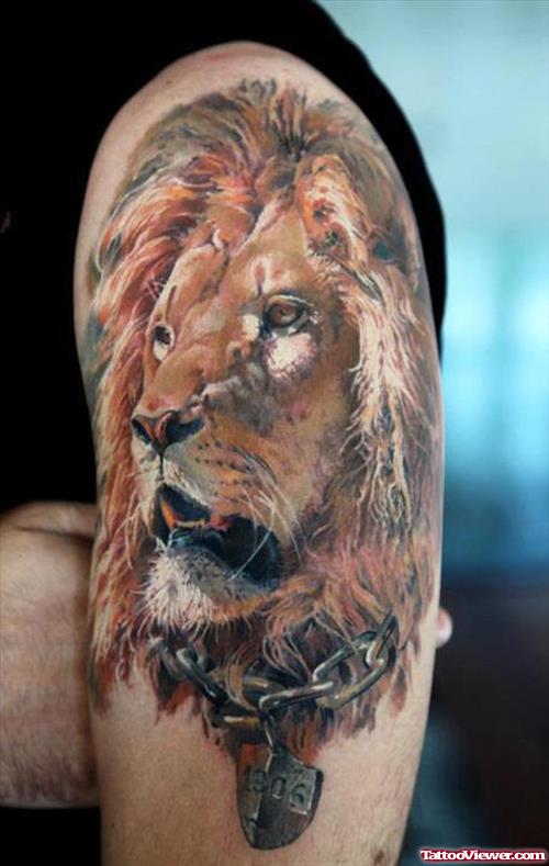 Left Half Sleeve Colored Lion Tattoo