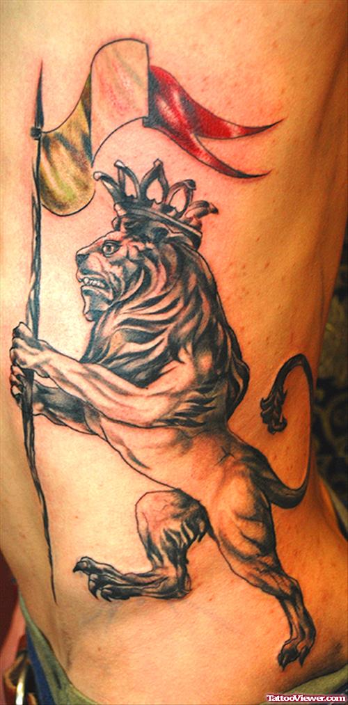 Grey Ink Crown Lion Tattoo On Rib Side