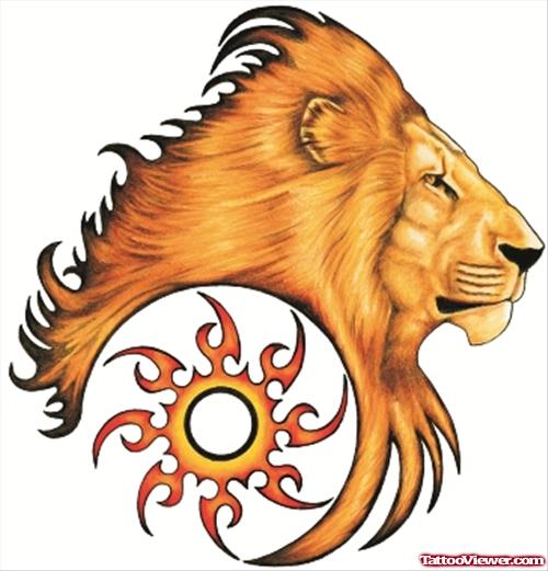 Tribal Sun And Lion Head Tattoo Design