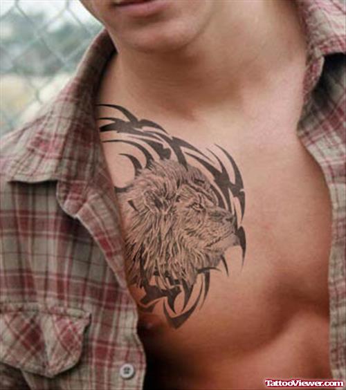 Tribal And Lion Tattoo On chest