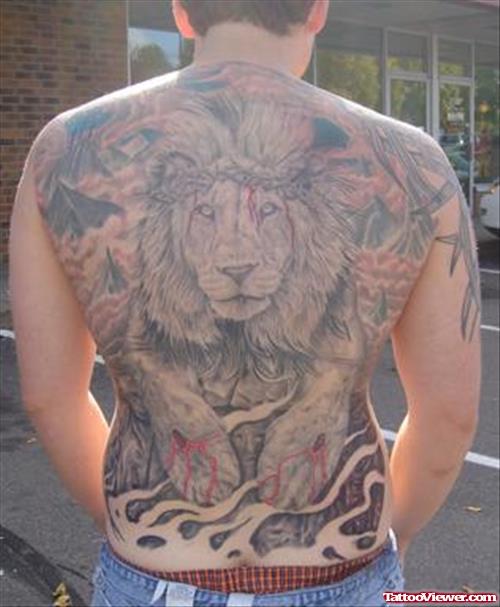 Man Back Body Lion Tattoo