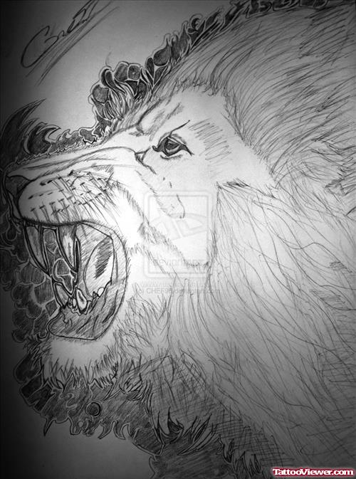 Grey Ink Lion Head Tattoo Design