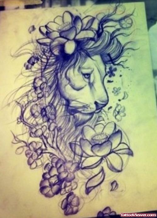 Grey Flowers Lion Tattoo Design