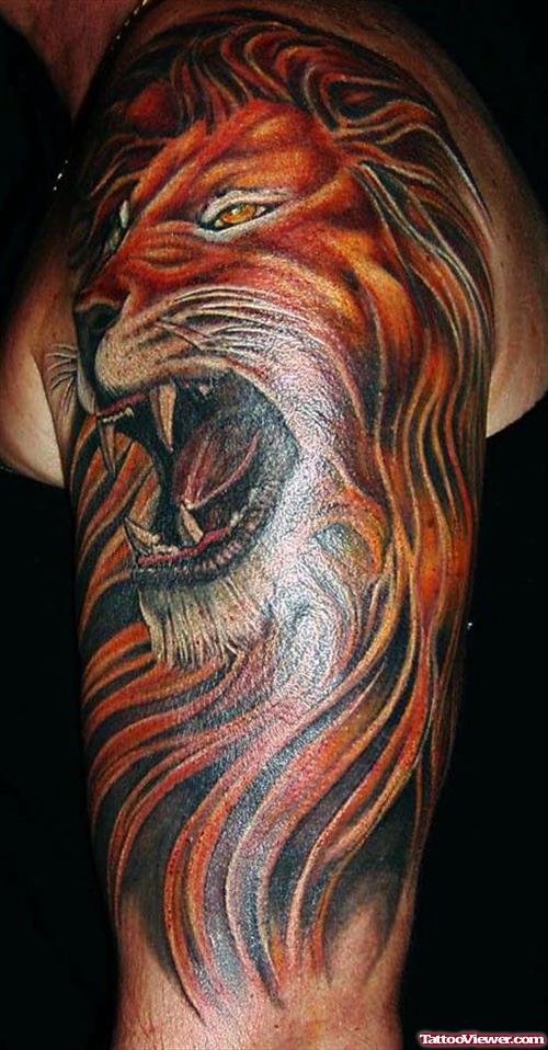 Colored Left Half Sleeve Lion Tattoo