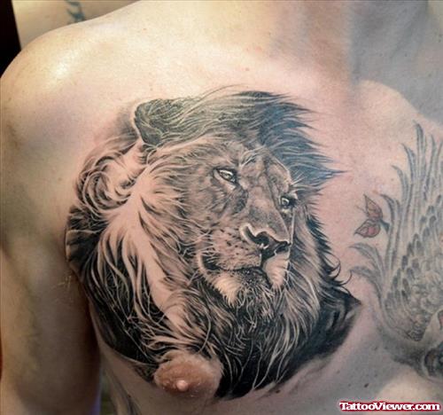 New Grey Ink Lion Tattoo On Man Chest