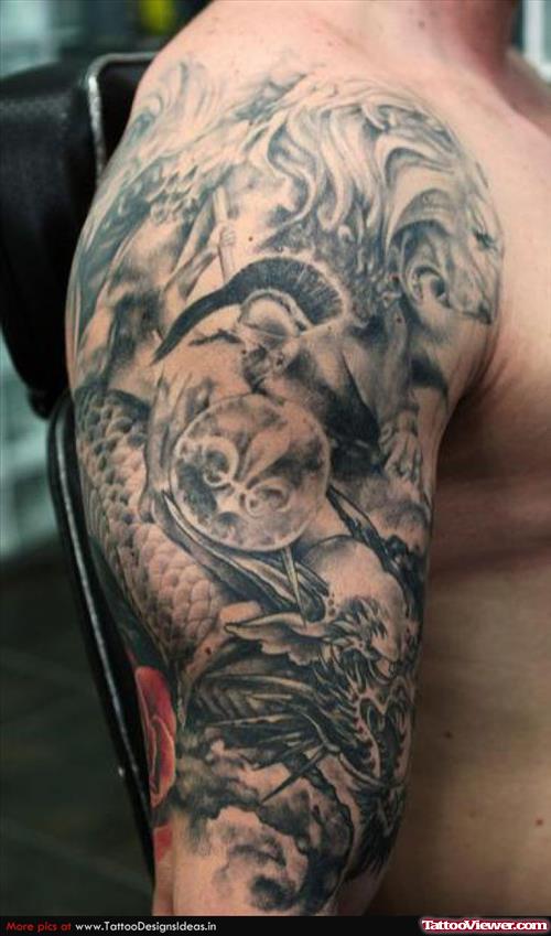 Right Half Sleeve Grey Ink Lion Tattoo
