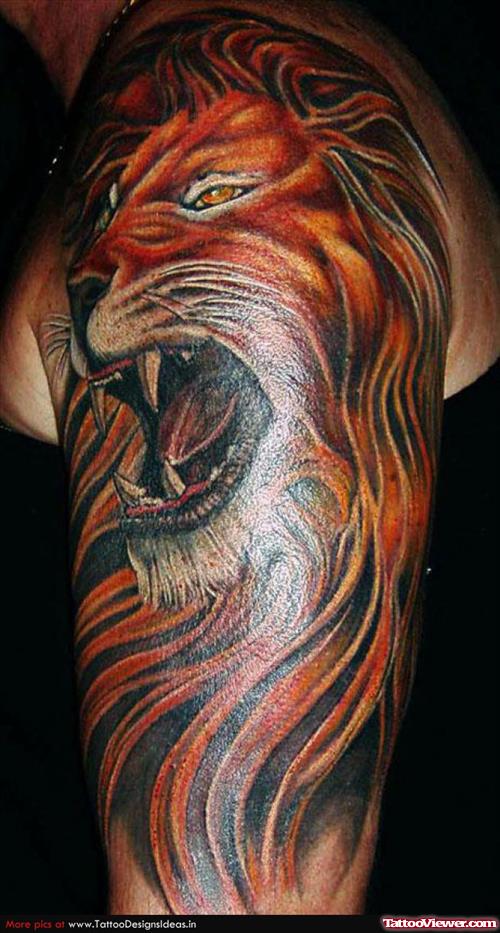 Colored Lion Tattoo On Half Sleeve