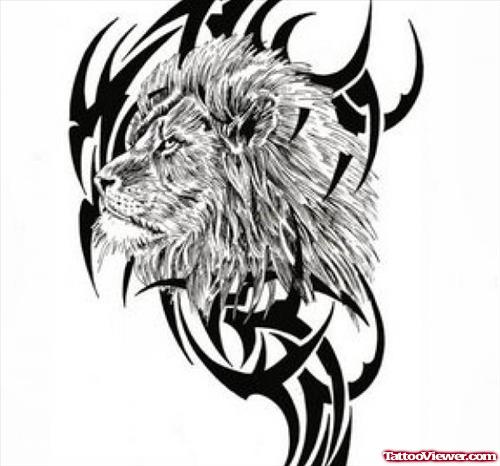 Black Tribal And Lion Head Tattoos Design