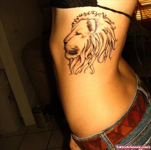 Grey Ink Lion Head Tattoo On Side Rib