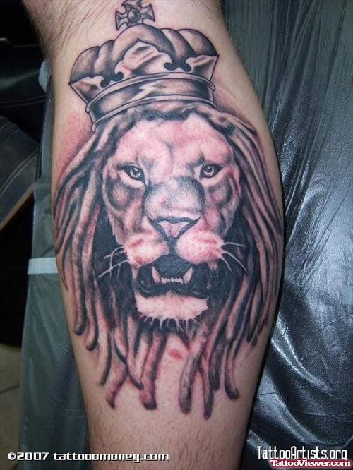 Crown Lion Head Tattoo On Back Leg