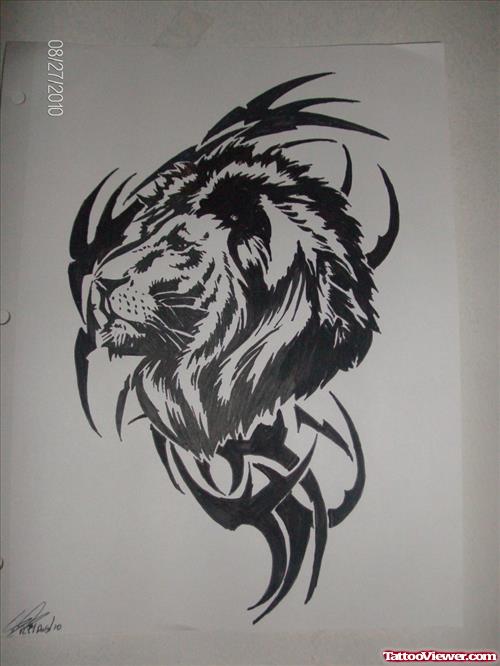 Black Tribal And Lion Head Tattoo Design