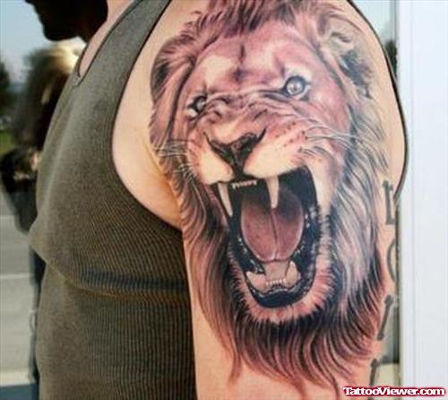 Man Left Shoulder Lion Head Tattoo