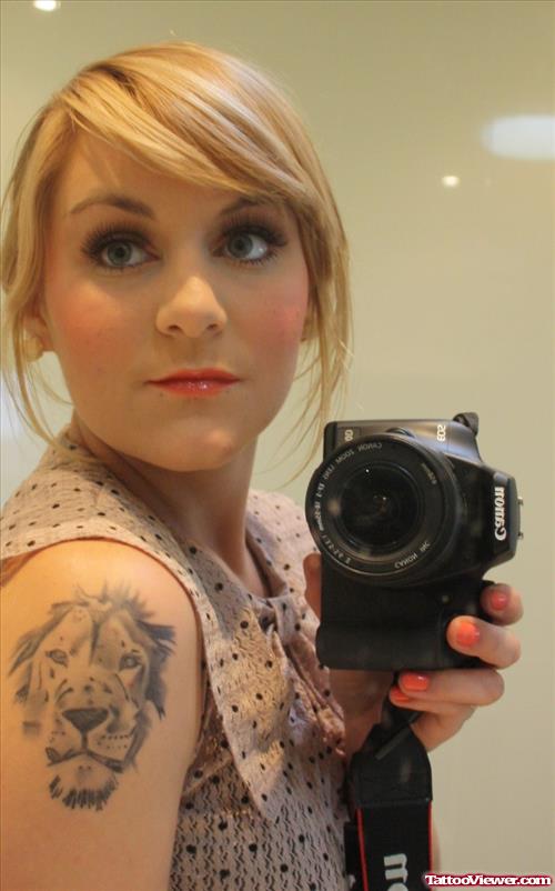 Girl Right Shoulder Lion Tattoo