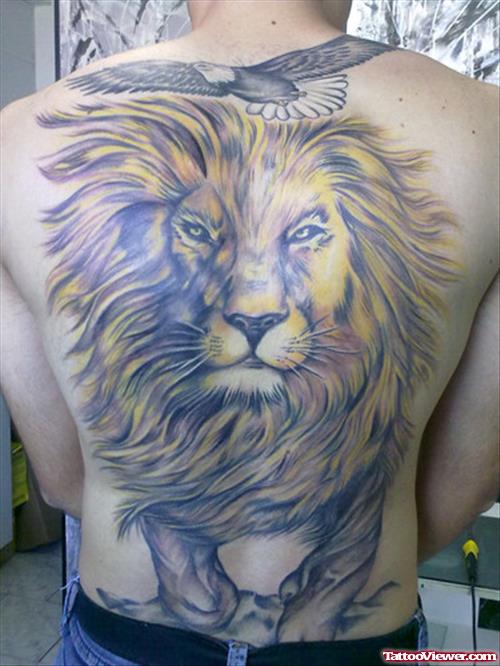 Flying Bird and Lion Tattoo On Back