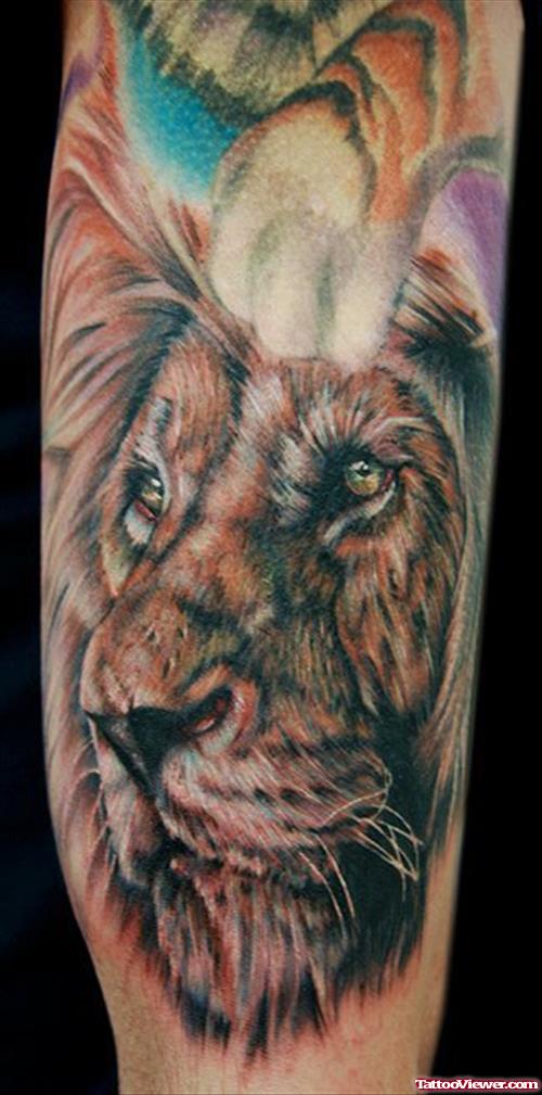 Colored Lion Tattoo On Sleeve