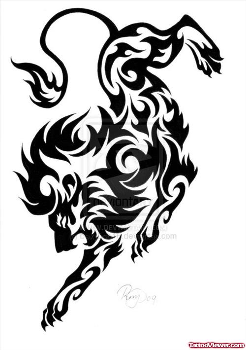 Black Tribal Jumping Lion Tattoo Design