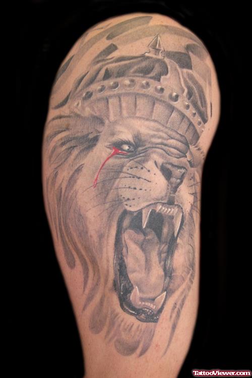 Awesome Grey Ink Lion Tattoo On Half Sleeve