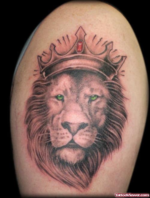Amazing Grey Ink Lion Head With Crown Tattoo