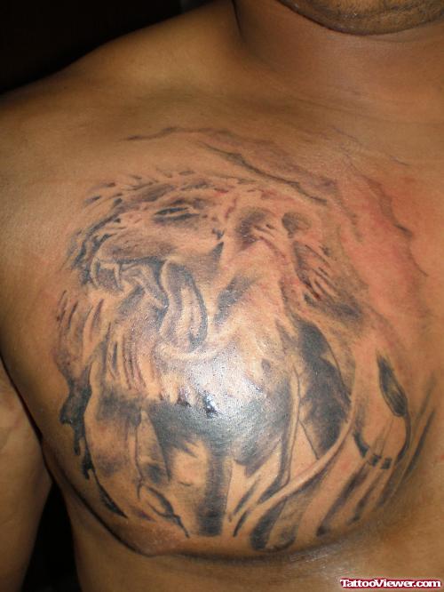 Unique Grey Ink Lion Tattoo On Man Chest