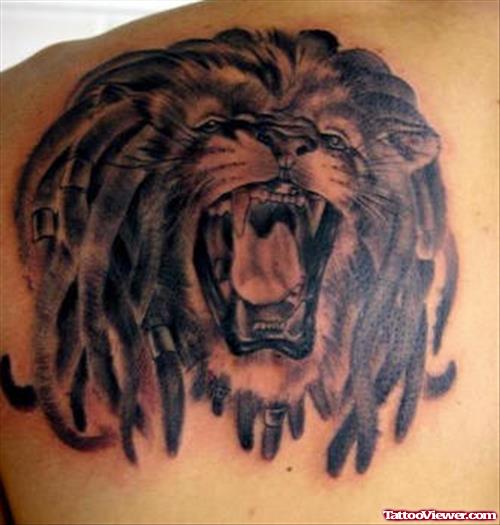 Grey Ink Lion Tattoo On Back