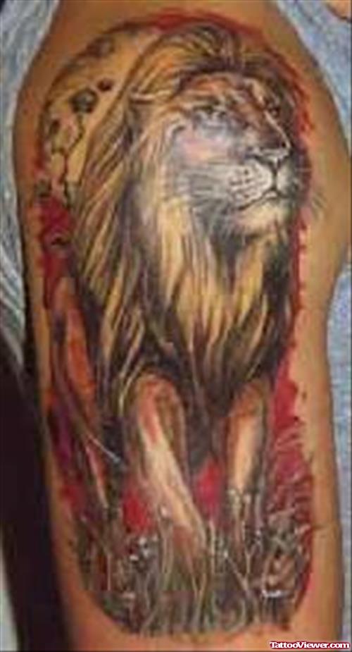 Colored Lion Tattoo On Right Half Sleeve