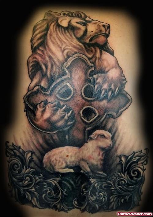 Lion With Cross Tattoo Design