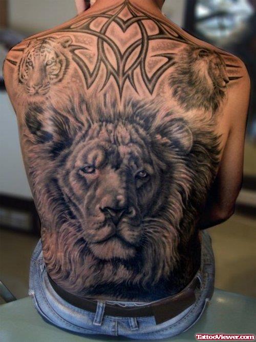 Grey Ink Full Back Lion Tattoo